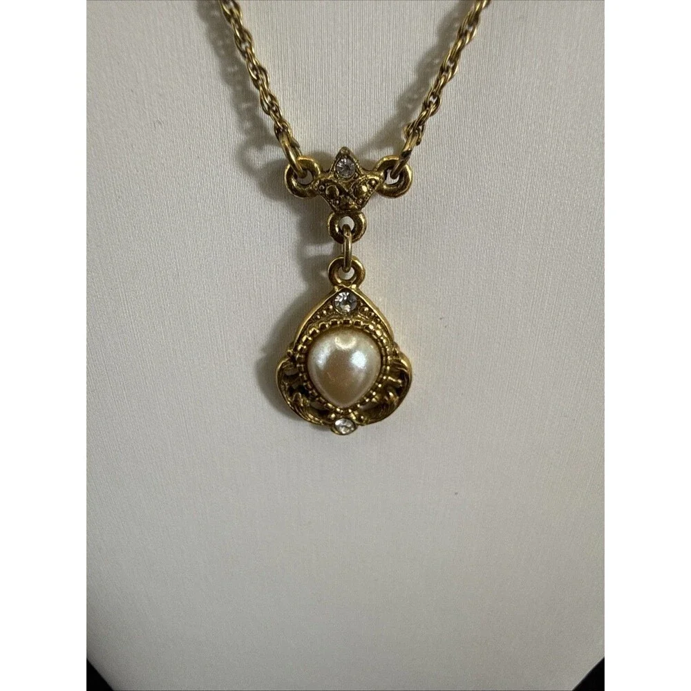 1928 Jewelry Faux Pearl Teardrop Gold Tone Rhinestone Accent Pendant Necklace